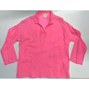 C&C California Small 100% Linen Hot Neon Pink pullover Polo Shirt Top long sleev